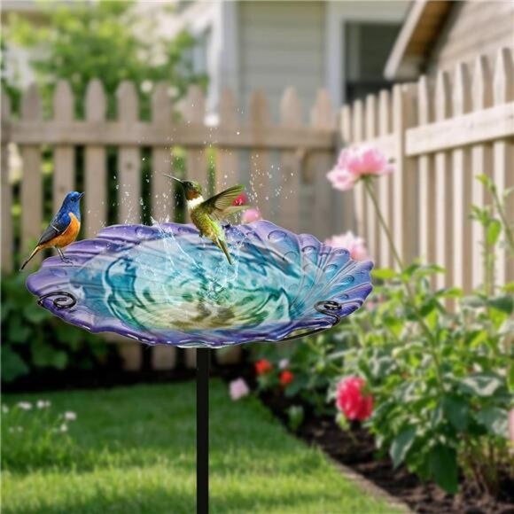 Glass Bird Bath for Outside Blue Birdbath Bowl & Birdfeeder with Metal Stake - Picture 6 of 7